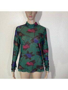 Jessie Liu Green Boxing Glove Print Mesh Mock Neck Long Sleeve Shirt Top NWT L